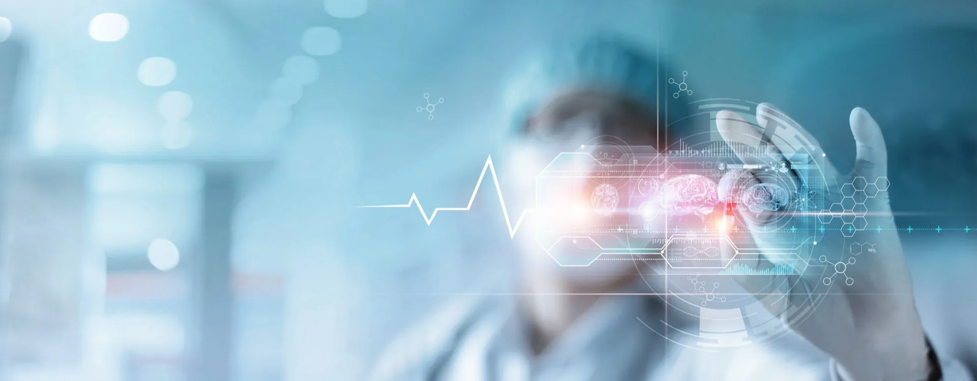 Doctor with holographic brain interface representing the futuristic longevity protocol at Rewind Anti-Aging Miami