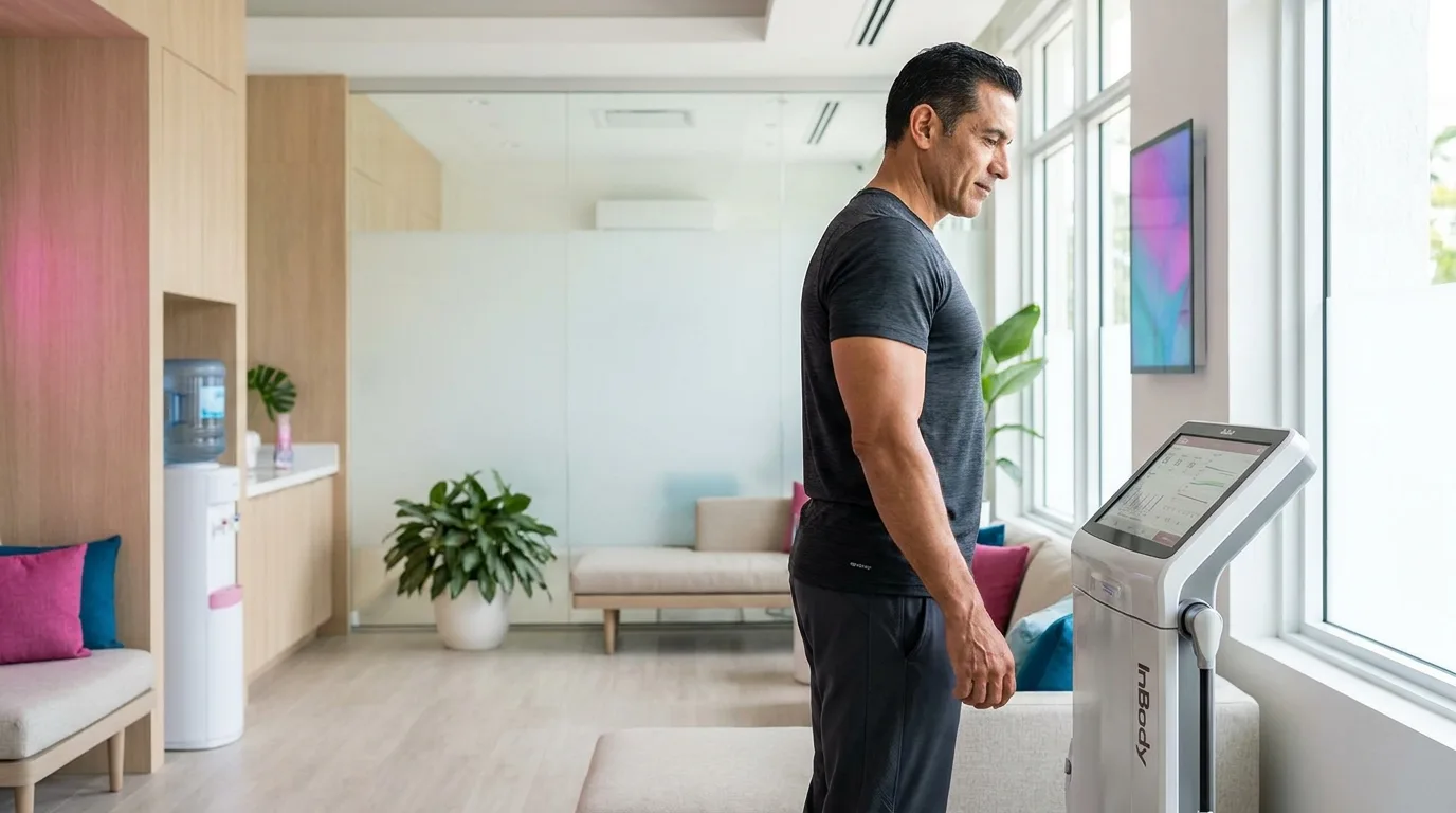 A man reviewing his body fat percentage results on a body composition analyzer