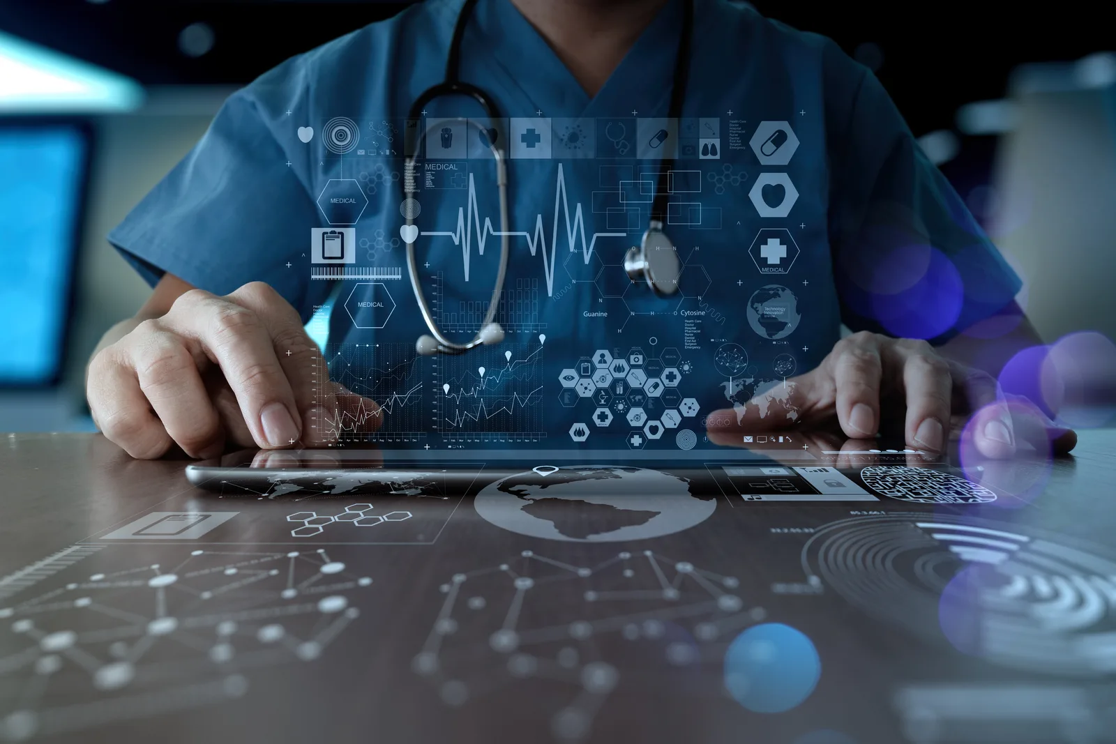 Doctor with tablet and digital medical interface — telehealth consultations for Rewind Anti-Aging patients across Florida
