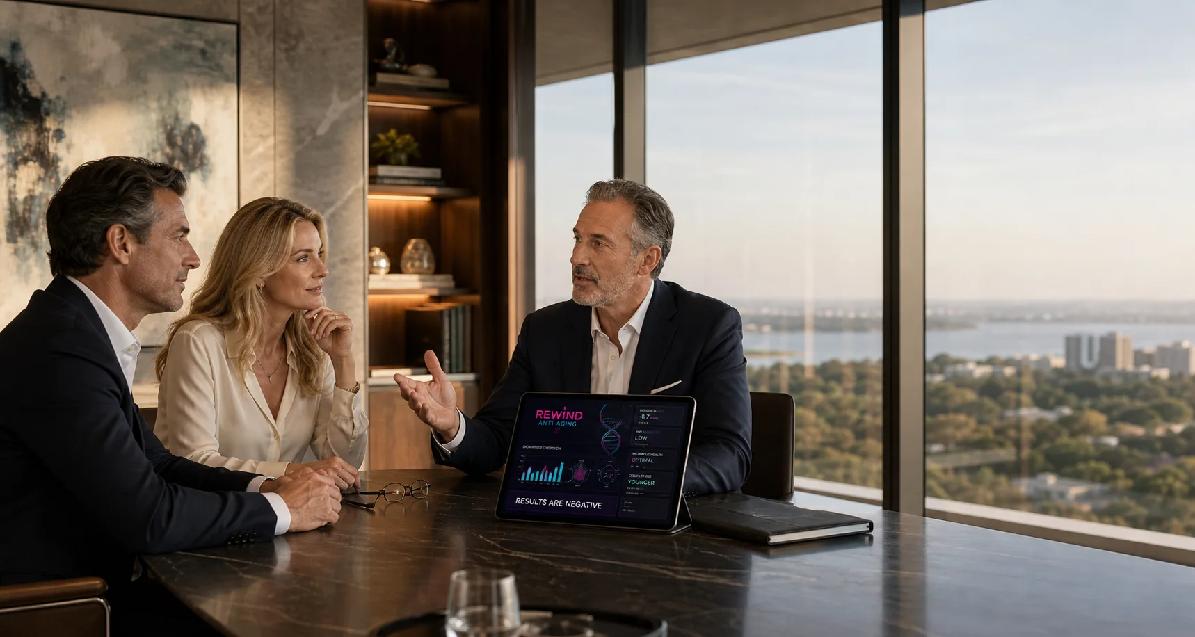 Rewind Anti-Aging of Miami physician explaining personalized results to a couple in a premium consultation overlooking Miami bay
