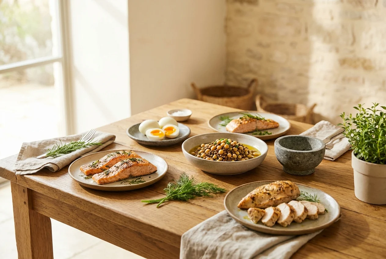 Spread of high-quality protein food sources styled in premium editorial dark-background photography with brand accent lighting