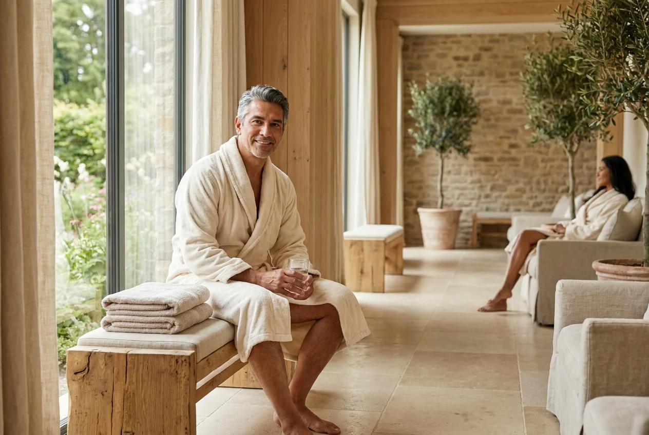 Healthy middle-aged man hydrating after a sauna session in a premium clinical wellness setting